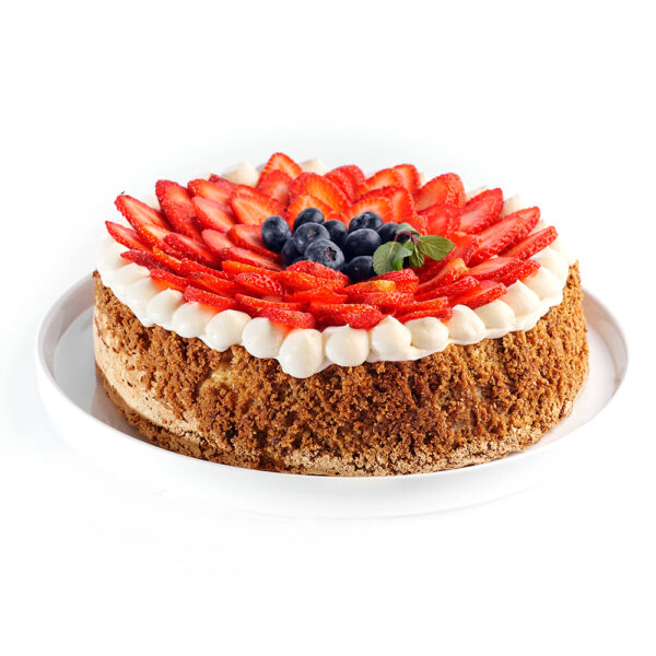 Tarta cremosa de queso quemado con salsa de zarzamora al vino tino.
